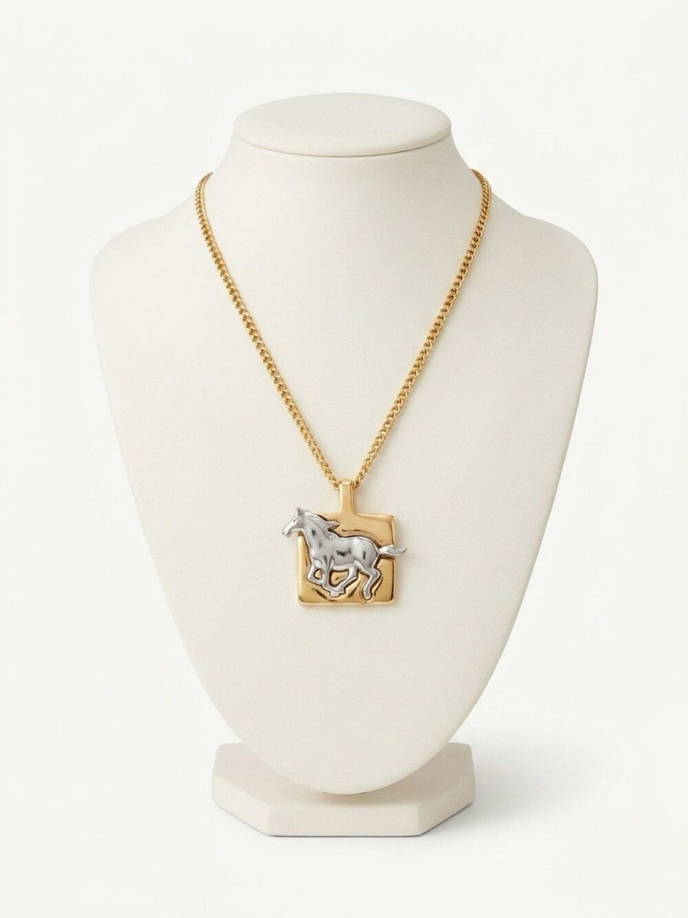 Sir Lancelot Hand Crafted Polished Necklace Horse Pendant Gold Silver tone 10”
